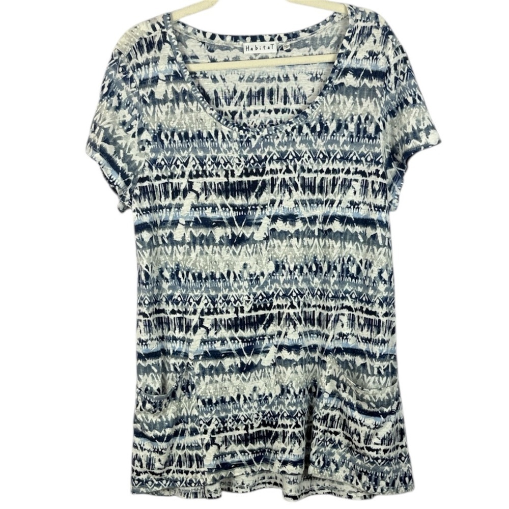 Habitat Linen Cotton Blend Navy White Front Pocket Short Sleeve Medium Tee